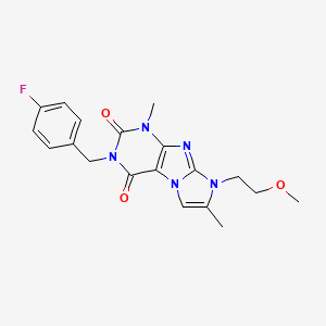 molecular formula C19H20FN5O3 B2456185 2-[(4-Fluorophenyl)methyl]-6-(2-methoxyethyl)-4,7-dimethylpurino[7,8-a]imidazole-1,3-dione CAS No. 887465-28-3