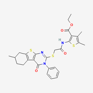 Ethyl 4,5-dimethyl-2-[[2-[(7-methyl-4-oxo-3-phenyl-5,6,7,8-tetrahydro-[1]benzothiolo[2,3-d]pyrimidin-2-yl)sulfanyl]acetyl]amino]thiophene-3-carboxylate