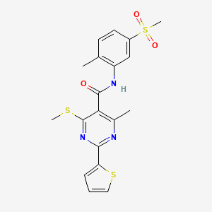 molecular formula C19H19N3O3S3 B2456216 N-(5-methanesulfonyl-2-methylphenyl)-4-methyl-6-(methylsulfanyl)-2-(thiophen-2-yl)pyrimidine-5-carboxamide CAS No. 1223714-48-4