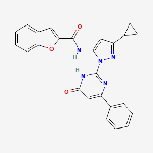 molecular formula C25H19N5O3 B2456280 N-(3-cyclopropyl-1-(6-oxo-4-phenyl-1,6-dihydropyrimidin-2-yl)-1H-pyrazol-5-yl)benzofuran-2-carboxamide CAS No. 1207045-02-0