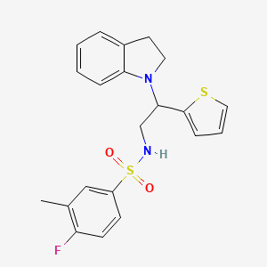 molecular formula C21H21FN2O2S2 B2456298 4-fluoro-N-(2-(indolin-1-yl)-2-(thiophen-2-yl)ethyl)-3-methylbenzenesulfonamide CAS No. 898407-50-6