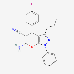 molecular formula C22H19FN4O B2456409 6-Amino-4-(4-fluorophenyl)-1-phenyl-3-propyl-1,4-dihydropyrano[2,3-c]pyrazole-5-carbonitrile CAS No. 401590-08-7