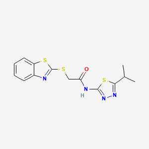 molecular formula C14H14N4OS3 B2456548 2-(Benzothiazol-2-ylsulfanyl)-N-(5-isopropyl-[1,3,4]thiadiazol-2-yl)-acetamide CAS No. 330555-40-3