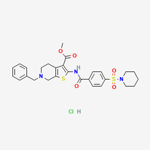molecular formula C28H32ClN3O5S2 B2456649 Methyl 6-benzyl-2-(4-(piperidin-1-ylsulfonyl)benzamido)-4,5,6,7-tetrahydrothieno[2,3-c]pyridine-3-carboxylate hydrochloride CAS No. 1217026-68-0