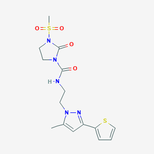 molecular formula C15H19N5O4S2 B2456665 N-(2-(5-methyl-3-(thiophen-2-yl)-1H-pyrazol-1-yl)ethyl)-3-(methylsulfonyl)-2-oxoimidazolidine-1-carboxamide CAS No. 2034585-14-1