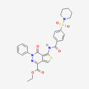 molecular formula C27H26N4O6S2 B2456743 Ethyl 4-oxo-3-phenyl-5-(4-(piperidin-1-ylsulfonyl)benzamido)-3,4-dihydrothieno[3,4-d]pyridazine-1-carboxylate CAS No. 851947-71-2