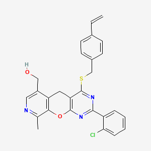 molecular formula C27H22ClN3O2S B2456777 [5-(2-Chlorophenyl)-7-{[(4-ethenylphenyl)methyl]sulfanyl}-14-methyl-2-oxa-4,6,13-triazatricyclo[8.4.0.0^{3,8}]tetradeca-1(10),3(8),4,6,11,13-hexaen-11-yl]methanol CAS No. 892417-25-3