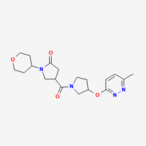molecular formula C19H26N4O4 B2456824 4-(3-((6-methylpyridazin-3-yl)oxy)pyrrolidine-1-carbonyl)-1-(tetrahydro-2H-pyran-4-yl)pyrrolidin-2-one CAS No. 2034444-82-9