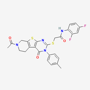 molecular formula C26H22F2N4O3S2 B2456909 2-((7-acetyl-4-oxo-3-(p-tolyl)-3,4,5,6,7,8-hexahydropyrido[4',3':4,5]thieno[2,3-d]pyrimidin-2-yl)thio)-N-(2,4-difluorophenyl)acetamide CAS No. 1190016-78-4