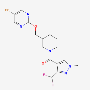 molecular formula C16H18BrF2N5O2 B2456928 [3-[(5-Bromopyrimidin-2-yl)oxymethyl]piperidin-1-yl]-[3-(difluoromethyl)-1-methylpyrazol-4-yl]methanone CAS No. 2379993-58-3