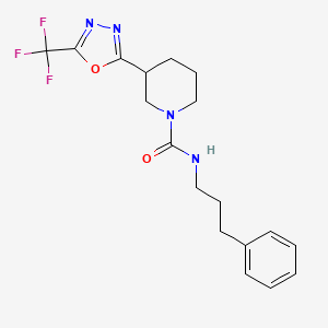 molecular formula C18H21F3N4O2 B2457019 N-(3-苯基丙基)-3-(5-(三氟甲基)-1,3,4-恶二唑-2-基)哌啶-1-甲酰胺 CAS No. 1396757-96-2