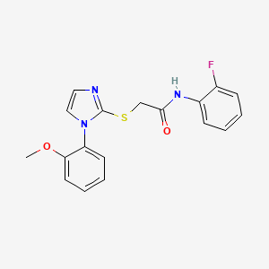 molecular formula C18H16FN3O2S B2457065 N-(2-fluorophenyl)-2-[1-(2-methoxyphenyl)imidazol-2-yl]sulfanylacetamide CAS No. 869345-32-4