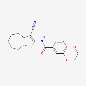 molecular formula C19H18N2O3S B2457101 N-(3-cyano-5,6,7,8-tetrahydro-4H-cyclohepta[b]thiophen-2-yl)-2,3-dihydrobenzo[b][1,4]dioxine-6-carboxamide CAS No. 477555-72-9