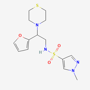 molecular formula C14H20N4O3S2 B2457130 N-(2-(furan-2-yl)-2-thiomorpholinoethyl)-1-methyl-1H-pyrazole-4-sulfonamide CAS No. 2034548-50-8