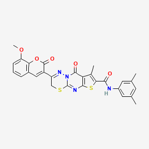 molecular formula C28H22N4O5S2 B2457132 N-(3,5-dimethylphenyl)-2-(8-methoxy-2-oxo-2H-chromen-3-yl)-8-methyl-9-oxo-3,9-dihydrothieno[2',3':4,5]pyrimido[2,1-b][1,3,4]thiadiazine-7-carboxamide CAS No. 866589-37-9