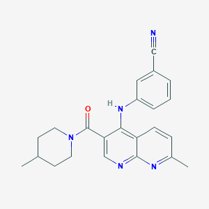 molecular formula C23H23N5O B2457169 3-((7-Methyl-3-(4-methylpiperidine-1-carbonyl)-1,8-naphthyridin-4-yl)amino)benzonitrile CAS No. 1251611-23-0