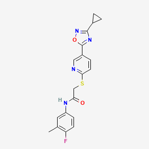 molecular formula C19H17FN4O2S B2457252 2-((5-(3-cyclopropyl-1,2,4-oxadiazol-5-yl)pyridin-2-yl)thio)-N-(4-fluoro-3-methylphenyl)acetamide CAS No. 1251630-60-0