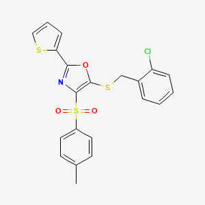 molecular formula C21H16ClNO3S3 B2457311 5-((2-Chlorobenzyl)thio)-2-(thiophen-2-yl)-4-tosyloxazole CAS No. 850927-71-8