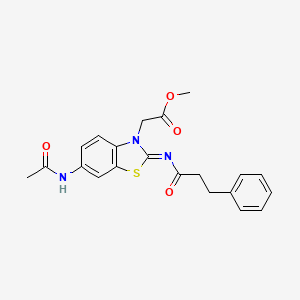 molecular formula C21H21N3O4S B2457366 Methyl 2-[6-acetamido-2-(3-phenylpropanoylimino)-1,3-benzothiazol-3-yl]acetate CAS No. 941872-04-4