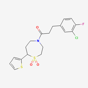 molecular formula C18H19ClFNO3S2 B2457374 3-(3-Chloro-4-fluorophenyl)-1-(1,1-dioxido-7-(thiophen-2-yl)-1,4-thiazepan-4-yl)propan-1-one CAS No. 2034421-82-2