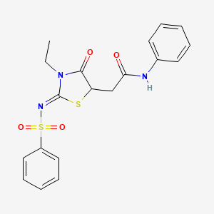 molecular formula C19H19N3O4S2 B2457417 2-{2-[(Benzenesulfonyl)imino]-3-ethyl-4-oxo-1,3-thiazolidin-5-YL}-N-phenylacetamide CAS No. 618421-29-7
