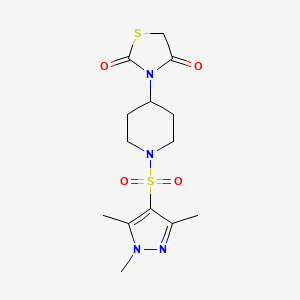 molecular formula C14H20N4O4S2 B2457432 3-(1-((1,3,5-trimethyl-1H-pyrazol-4-yl)sulfonyl)piperidin-4-yl)thiazolidine-2,4-dione CAS No. 2320683-30-3