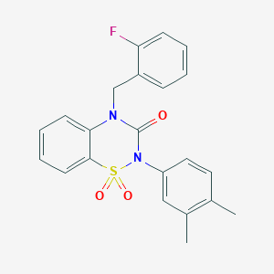 molecular formula C22H19FN2O3S B2457436 2-(3,4-dimethylphenyl)-4-(2-fluorobenzyl)-2H-benzo[e][1,2,4]thiadiazin-3(4H)-one 1,1-dioxide CAS No. 941970-32-7