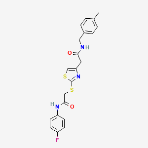 molecular formula C21H20FN3O2S2 B2457463 N-(4-fluorophenyl)-2-((4-(2-((4-methylbenzyl)amino)-2-oxoethyl)thiazol-2-yl)thio)acetamide CAS No. 942000-97-7