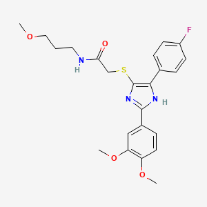 molecular formula C23H26FN3O4S B2457574 2-((2-(3,4-dimethoxyphenyl)-5-(4-fluorophenyl)-1H-imidazol-4-yl)thio)-N-(3-methoxypropyl)acetamide CAS No. 901241-46-1