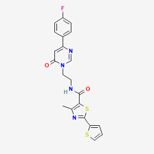 molecular formula C21H17FN4O2S2 B2457577 N-(2-(4-(4-fluorophenyl)-6-oxopyrimidin-1(6H)-yl)ethyl)-4-methyl-2-(thiophen-2-yl)thiazole-5-carboxamide CAS No. 1351659-95-4