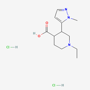 molecular formula C12H21Cl2N3O2 B2457609 1-Ethyl-3-(2-methylpyrazol-3-yl)piperidine-4-carboxylic acid;dihydrochloride CAS No. 2241140-94-1