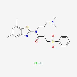 molecular formula C23H30ClN3O3S2 B2457713 N-(3-(dimethylamino)propyl)-N-(5,7-dimethylbenzo[d]thiazol-2-yl)-3-(phenylsulfonyl)propanamide hydrochloride CAS No. 1216635-21-0