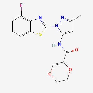 molecular formula C16H13FN4O3S B2457715 N-(1-(4-氟苯并[d]噻唑-2-基)-3-甲基-1H-吡唑-5-基)-5,6-二氢-1,4-二噁英-2-甲酰胺 CAS No. 1171231-99-4