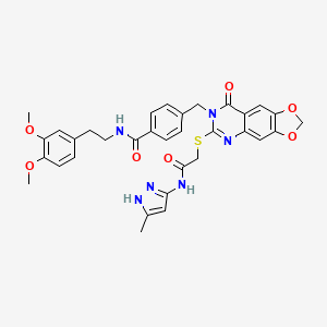 molecular formula C33H32N6O7S B2457780 N-(3,4-dimethoxyphenethyl)-4-((6-((2-((3-methyl-1H-pyrazol-5-yl)amino)-2-oxoethyl)thio)-8-oxo-[1,3]dioxolo[4,5-g]quinazolin-7(8H)-yl)methyl)benzamide CAS No. 896682-36-3