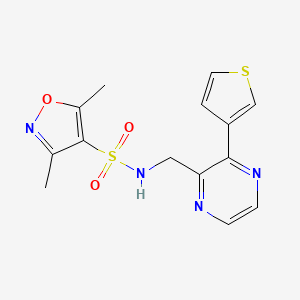 molecular formula C14H14N4O3S2 B2457822 3,5-dimethyl-N-((3-(thiophen-3-yl)pyrazin-2-yl)methyl)isoxazole-4-sulfonamide CAS No. 2034426-56-5