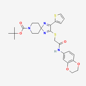 Tert-butyl 2-((2-((2,3-dihydrobenzo[b][1,4]dioxin-6-yl)amino)-2-oxoethyl)thio)-3-(thiophen-2-yl)-1,4,8-triazaspiro[4.5]deca-1,3-diene-8-carboxylate