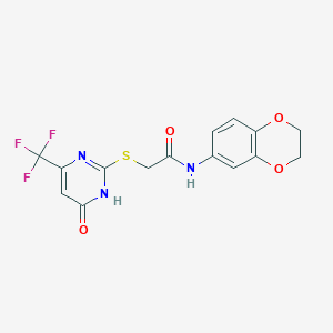 molecular formula C15H12F3N3O4S B2457874 N-(2,3-dihydrobenzo[b][1,4]dioxin-6-yl)-2-((6-oxo-4-(trifluoromethyl)-1,6-dihydropyrimidin-2-yl)thio)acetamide CAS No. 899744-18-4