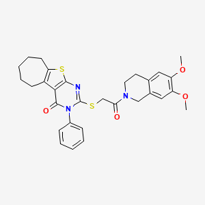 molecular formula C30H31N3O4S2 B2457982 2-((2-(6,7-dimethoxy-3,4-dihydroisoquinolin-2(1H)-yl)-2-oxoethyl)thio)-3-phenyl-6,7,8,9-tetrahydro-3H-cyclohepta[4,5]thieno[2,3-d]pyrimidin-4(5H)-one CAS No. 671200-54-7