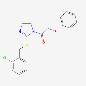 molecular formula C18H17ClN2O2S B2457995 1-[2-[(2-Chlorophenyl)methylsulfanyl]-4,5-dihydroimidazol-1-yl]-2-phenoxyethanone CAS No. 851804-06-3