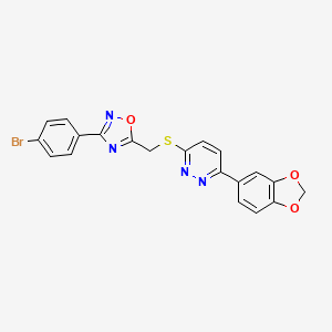 molecular formula C20H13BrN4O3S B2458063 3-(1,3-Benzodioxol-5-yl)-6-({[3-(4-bromophenyl)-1,2,4-oxadiazol-5-yl]methyl}sulfanyl)pyridazine CAS No. 1111419-58-9