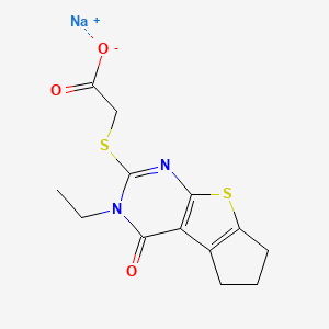 molecular formula C13H13N2NaO3S2 B2458157 Sodium;2-[(11-ethyl-12-oxo-7-thia-9,11-diazatricyclo[6.4.0.02,6]dodeca-1(8),2(6),9-trien-10-yl)sulfanyl]acetate CAS No. 2229531-20-6