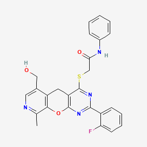 molecular formula C26H21FN4O3S B2458169 2-((2-(2-fluorophenyl)-6-(hydroxymethyl)-9-methyl-5H-pyrido[4',3':5,6]pyrano[2,3-d]pyrimidin-4-yl)thio)-N-phenylacetamide CAS No. 892386-00-4