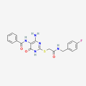 molecular formula C20H18FN5O3S B2458454 N-(4-amino-2-((2-((4-fluorobenzyl)amino)-2-oxoethyl)thio)-6-oxo-1,6-dihydropyrimidin-5-yl)benzamide CAS No. 888414-10-6