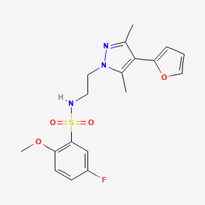 molecular formula C18H20FN3O4S B2458570 5-氟-N-(2-(4-(呋喃-2-基)-3,5-二甲基-1H-吡唑-1-基)乙基)-2-甲氧基苯磺酰胺 CAS No. 2034329-07-0