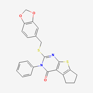 molecular formula C23H18N2O3S2 B2458626 2-（（苯并[d][1,3]二氧杂环-5-基甲基）硫）-3-苯基-6,7-二氢-3H-环戊[4,5]噻吩并[2,3-d]嘧啶-4(5H)-酮 CAS No. 314244-94-5