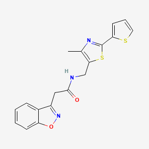 molecular formula C18H15N3O2S2 B2458644 2-(苯并[d]异恶唑-3-基)-N-((4-甲基-2-(噻吩-2-基)噻唑-5-基)甲基)乙酰胺 CAS No. 1396860-61-9