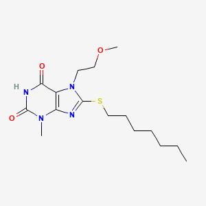 molecular formula C16H26N4O3S B2458666 8-(heptylthio)-7-(2-methoxyethyl)-3-methyl-1H-purine-2,6(3H,7H)-dione CAS No. 313470-48-3