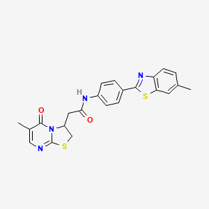molecular formula C23H20N4O2S2 B2458733 2-(6-methyl-5-oxo-3,5-dihydro-2H-thiazolo[3,2-a]pyrimidin-3-yl)-N-(4-(6-methylbenzo[d]thiazol-2-yl)phenyl)acetamide CAS No. 946264-42-2