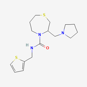 molecular formula C16H25N3OS2 B2458838 3-(pyrrolidin-1-ylmethyl)-N-(thiophen-2-ylmethyl)-1,4-thiazepane-4-carboxamide CAS No. 1421455-33-5