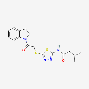 molecular formula C17H20N4O2S2 B2458867 N-(5-((2-(indolin-1-yl)-2-oxoethyl)thio)-1,3,4-thiadiazol-2-yl)-3-methylbutanamide CAS No. 392300-61-7